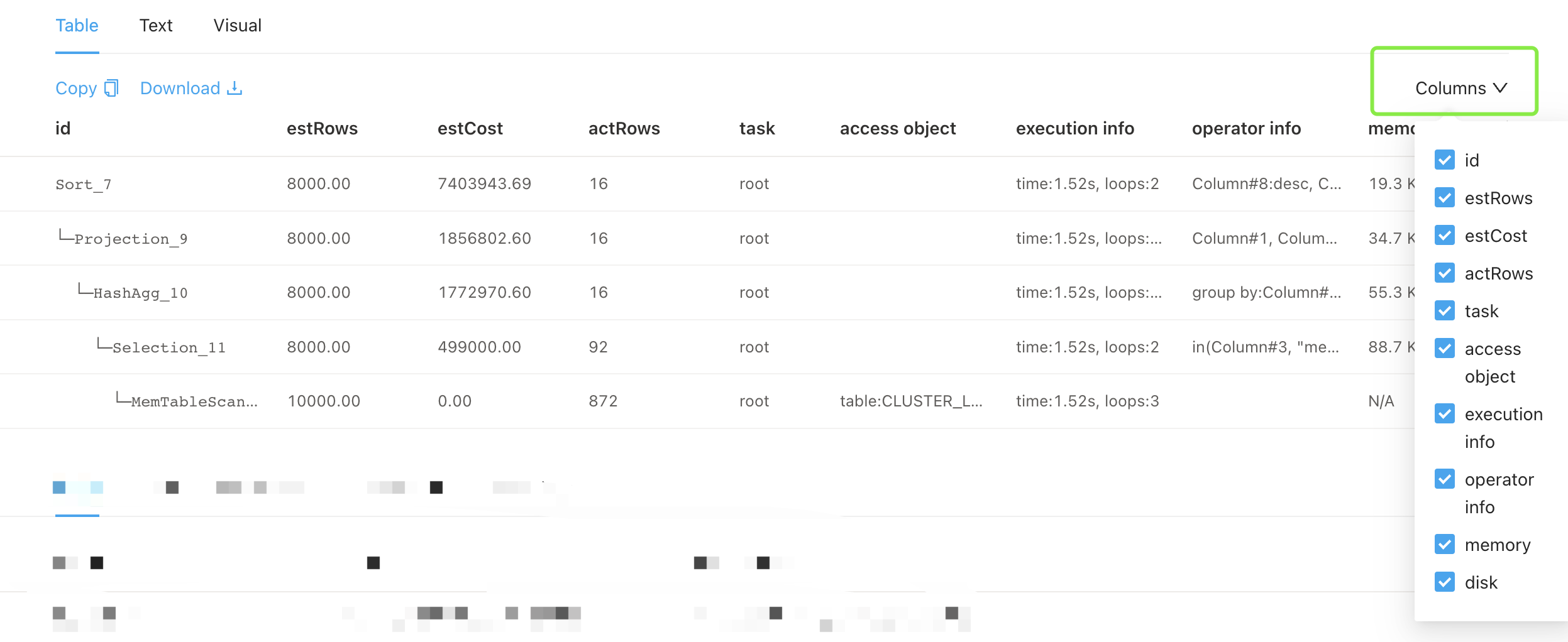 表格形态的执行计划-选择列
