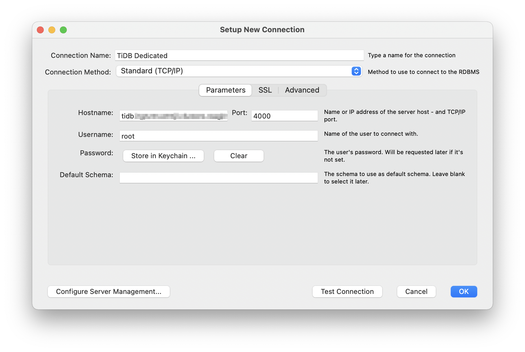 MySQL Workbench: configure connection settings for TiDB Cloud Dedicated