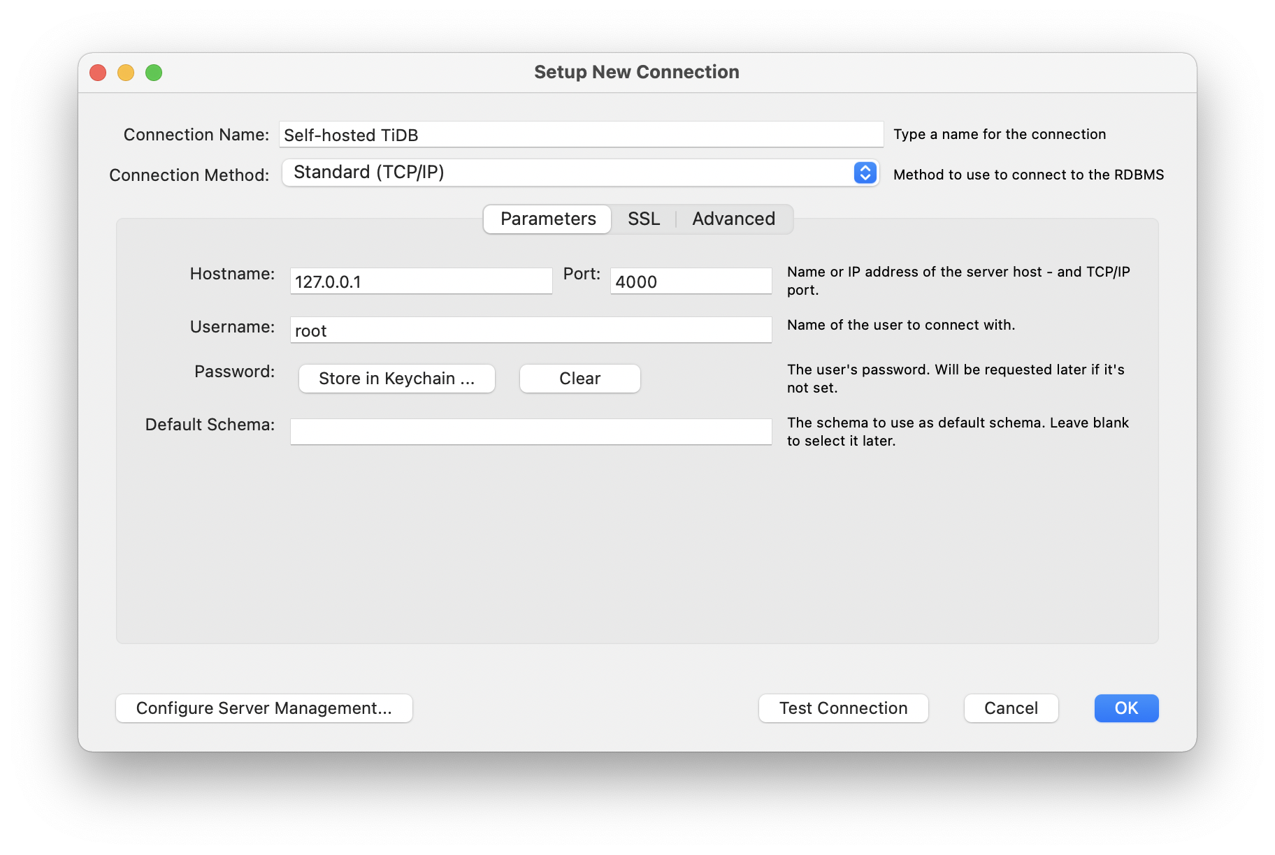 MySQL Workbench: configure connection settings for TiDB Self-Managed